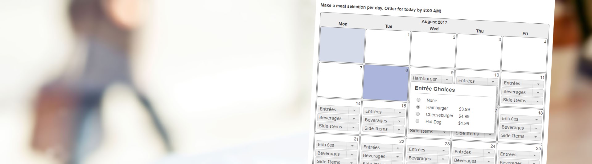 Meal Site Calendar-Based School Lunch Ordering System